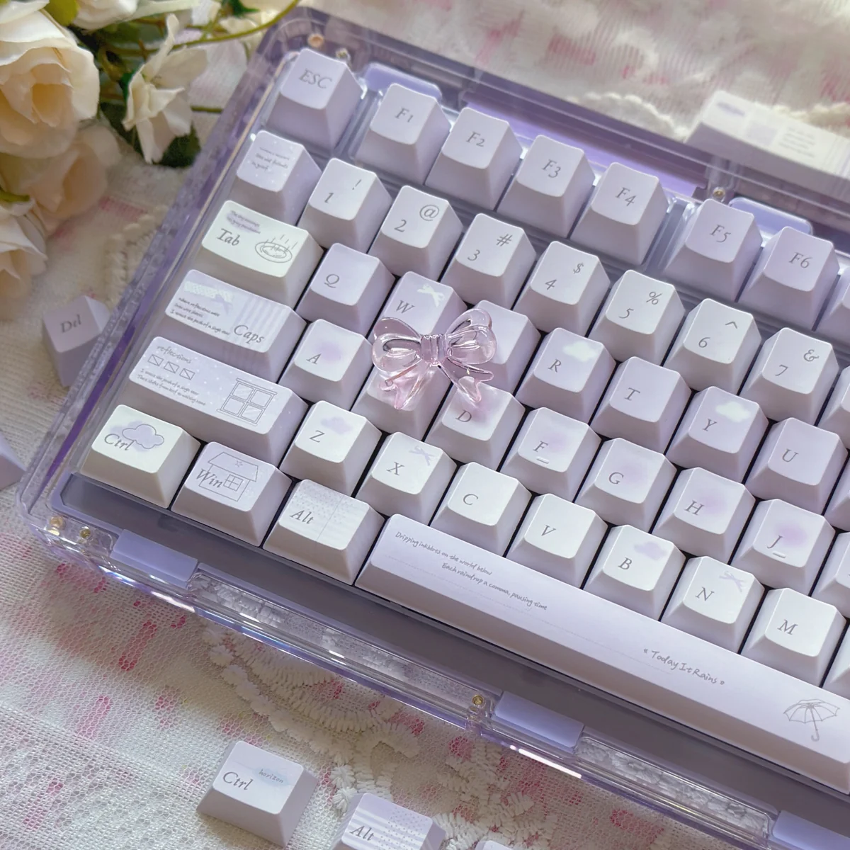 Overhead view of the Today's Rain Keycap Set, displaying the full 130-key layout and Cherry profile.