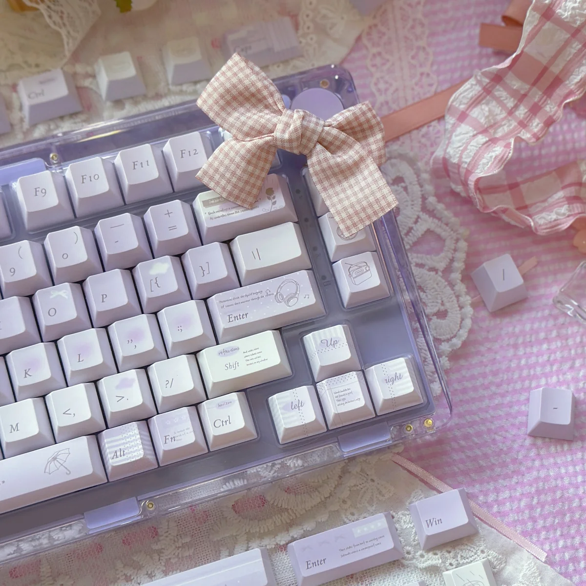 Close-up of Today's Rain keycaps, highlighting the crisp dye-sublimated legends and cool-toned aesthetic.
