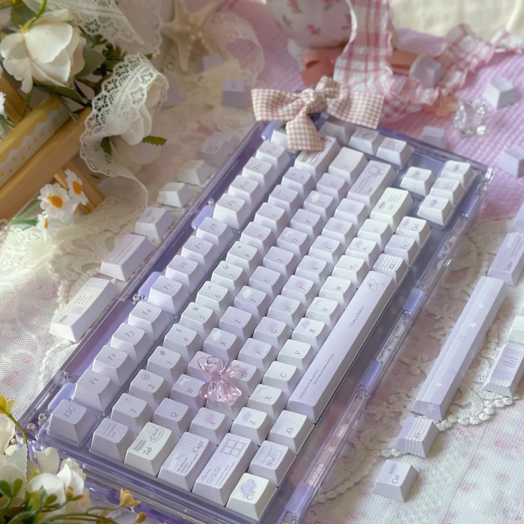 Today's Rain PBT Cherry Profile Keycap Set on a minimalist keyboard, showcasing serene cloud and water elements.