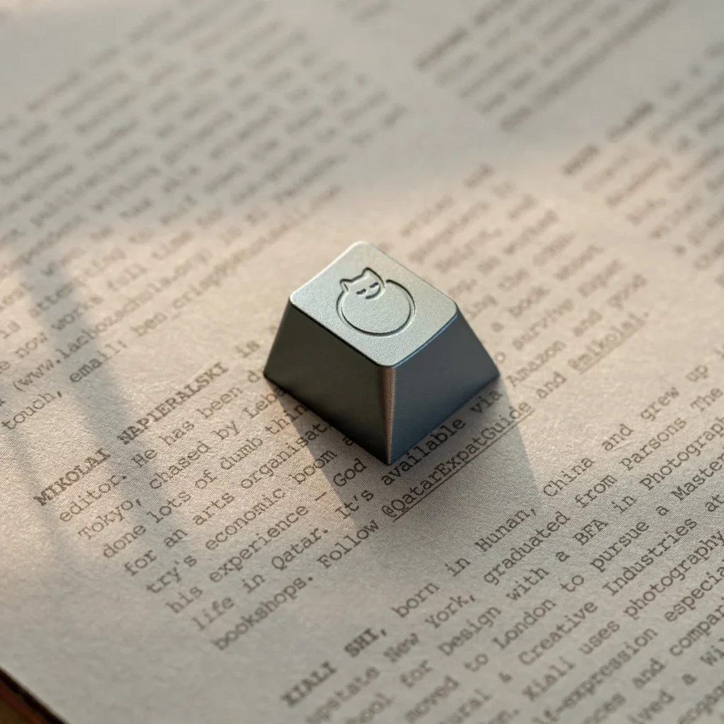 Top view of the metallic sleeping cat keycap for MX switches