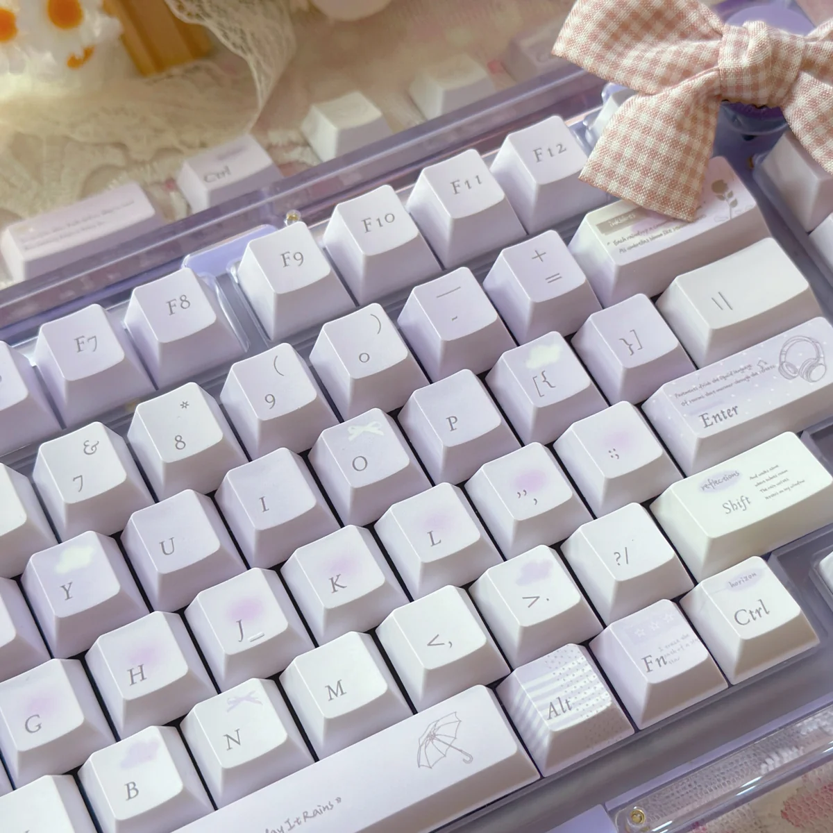 Today's Rain keycaps arranged to show the tranquil design theme, evoking a calming rainy day atmosphere.
