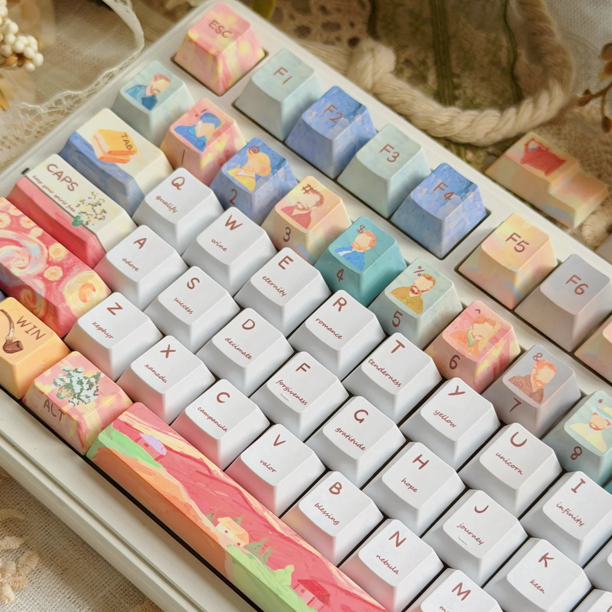 Close-up of Van Gogh celestial art keycaps
