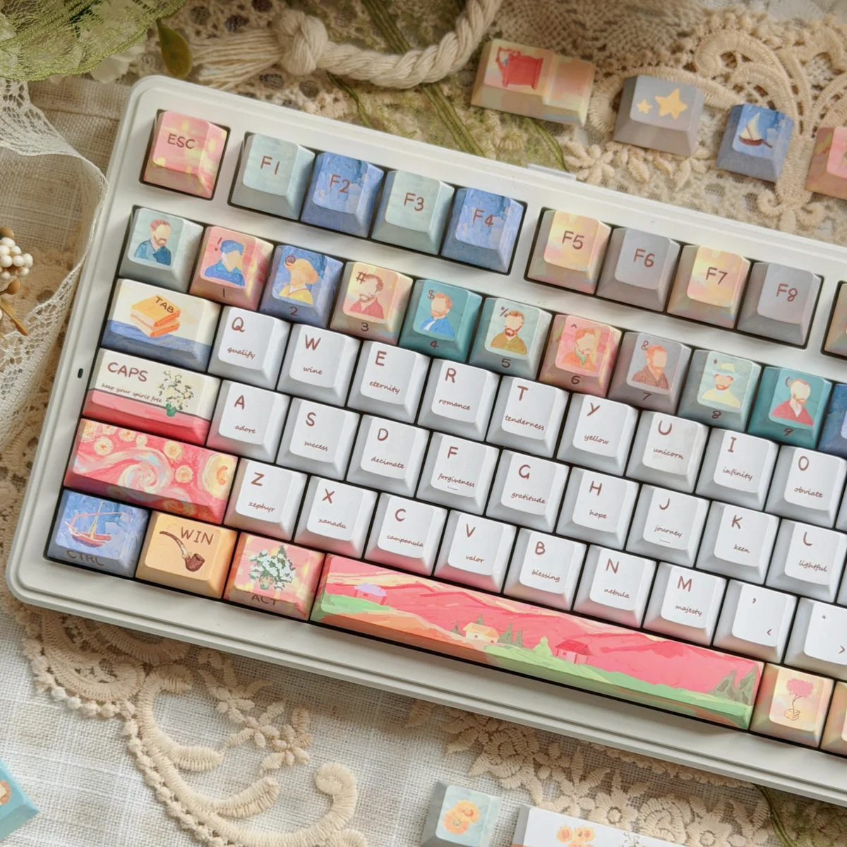 Van Gogh Starry Night PBT Keycap Set on mechanical keyboard