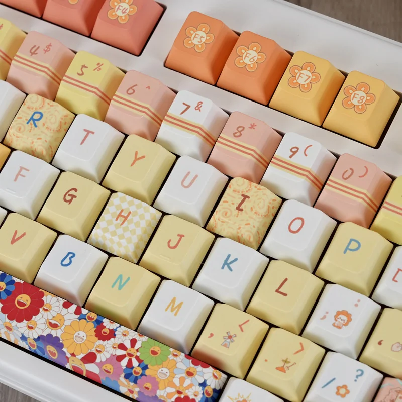Detailed view of various Sunflower-themed keycaps, including novelty keys and modifier keys with clear legends.