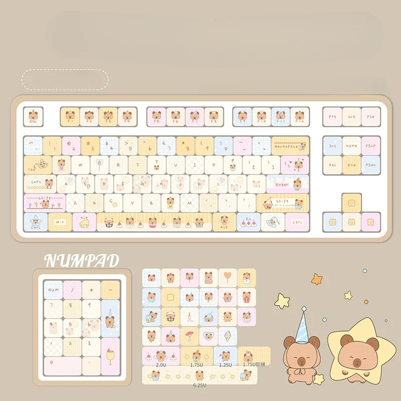 Whimsical desktop setup featuring Bubble Capybara Keycap Set on a mechanical keyboard.