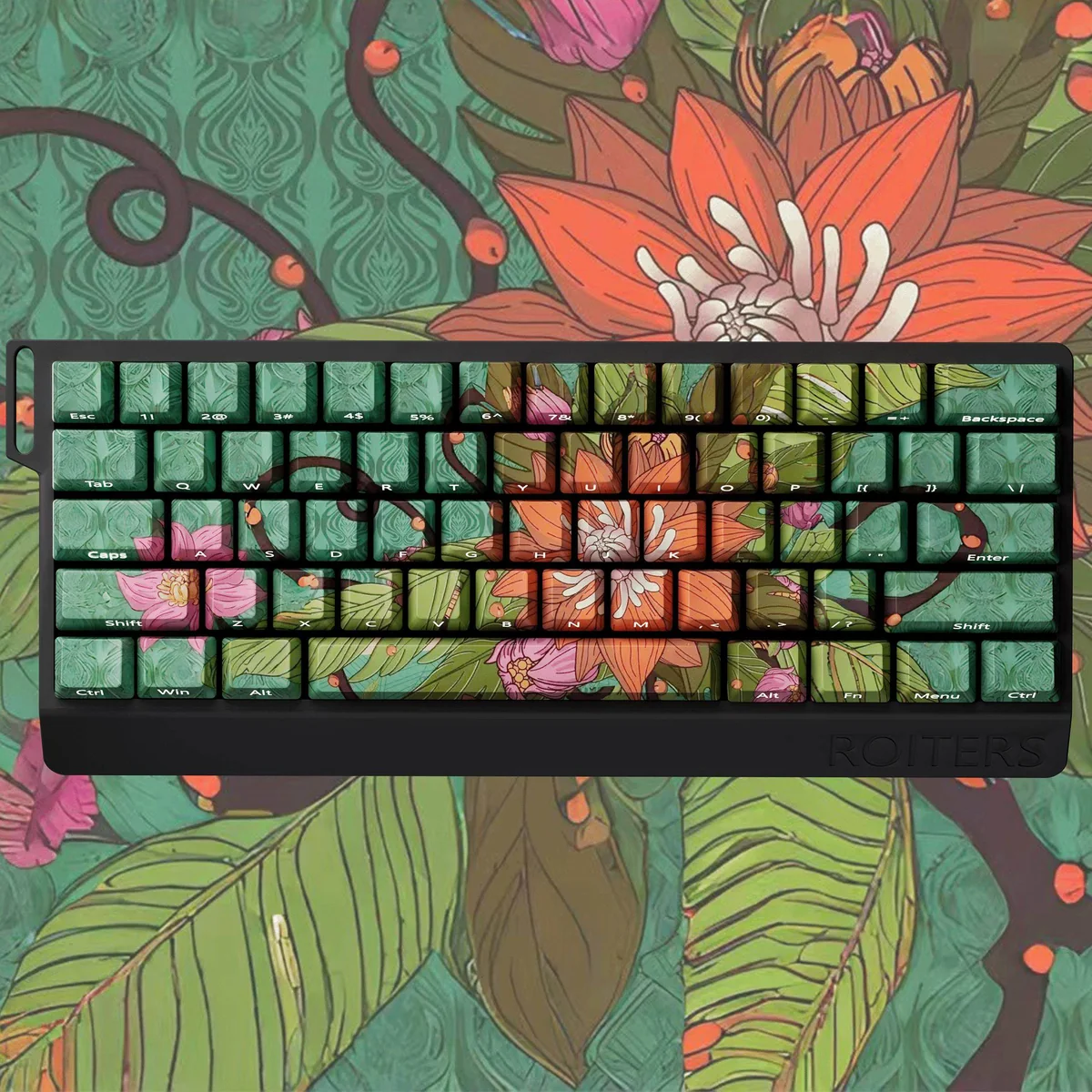 Close-up of Wild Lotus Cherry Keycap Durable PBT side-lit highlighting details and finish