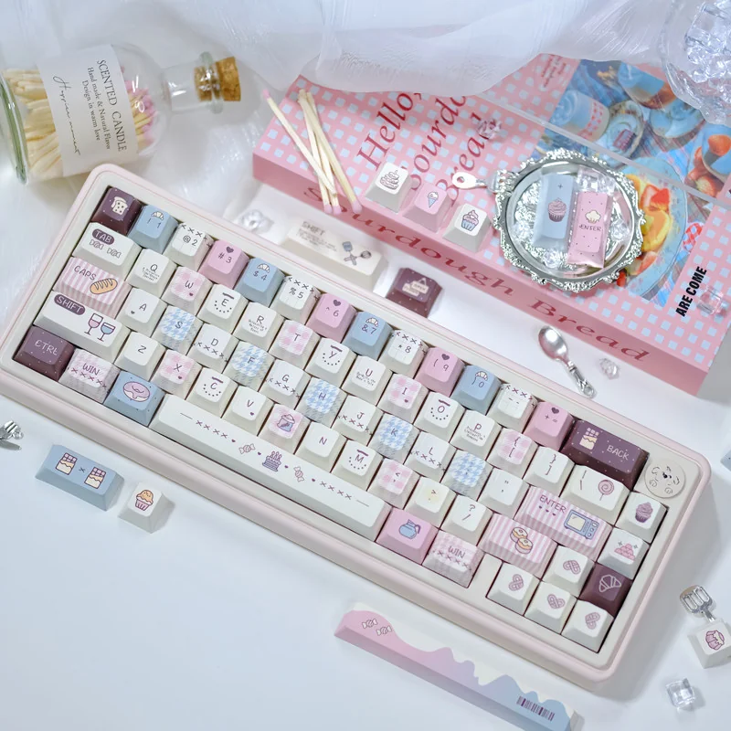 Textured PBT keycaps with academic and coffee symbols