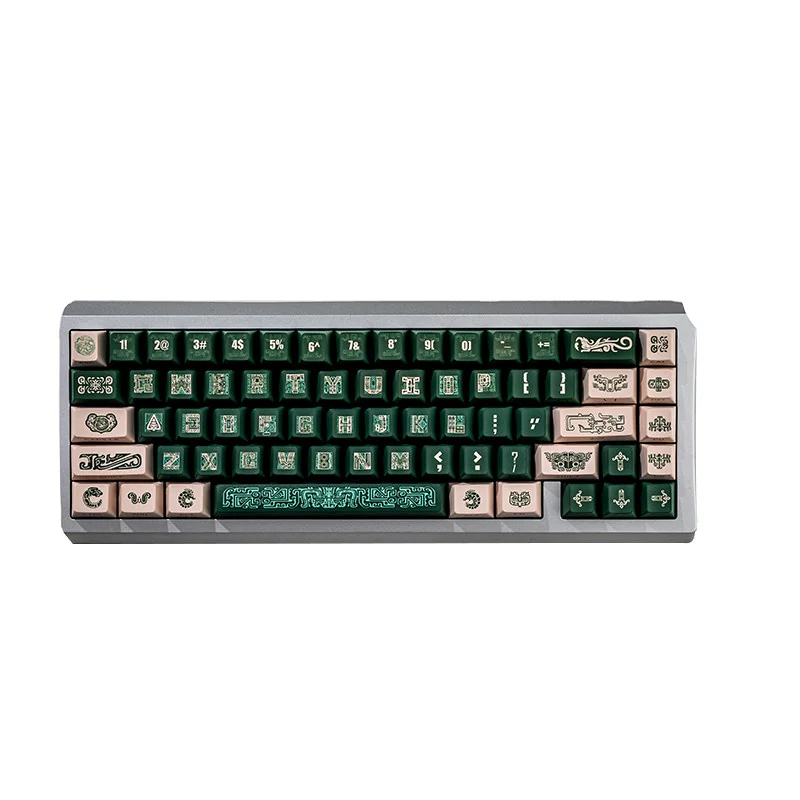 Close-up of Ancient Bronze PBT keycaps, highlighting intricate dye-sublimated patterns and weathered texture.