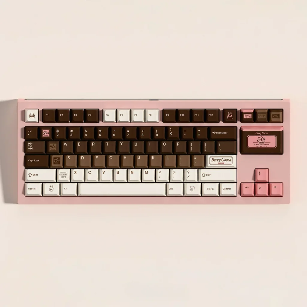 Berry Cocoa PBT Keycap Set on a mechanical keyboard, showcasing warm berry and cocoa tones.
