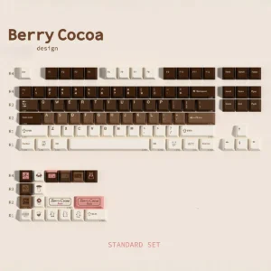 Styled shot of the Berry Cocoa PBT keycaps with a cozy background, enhancing the theme.