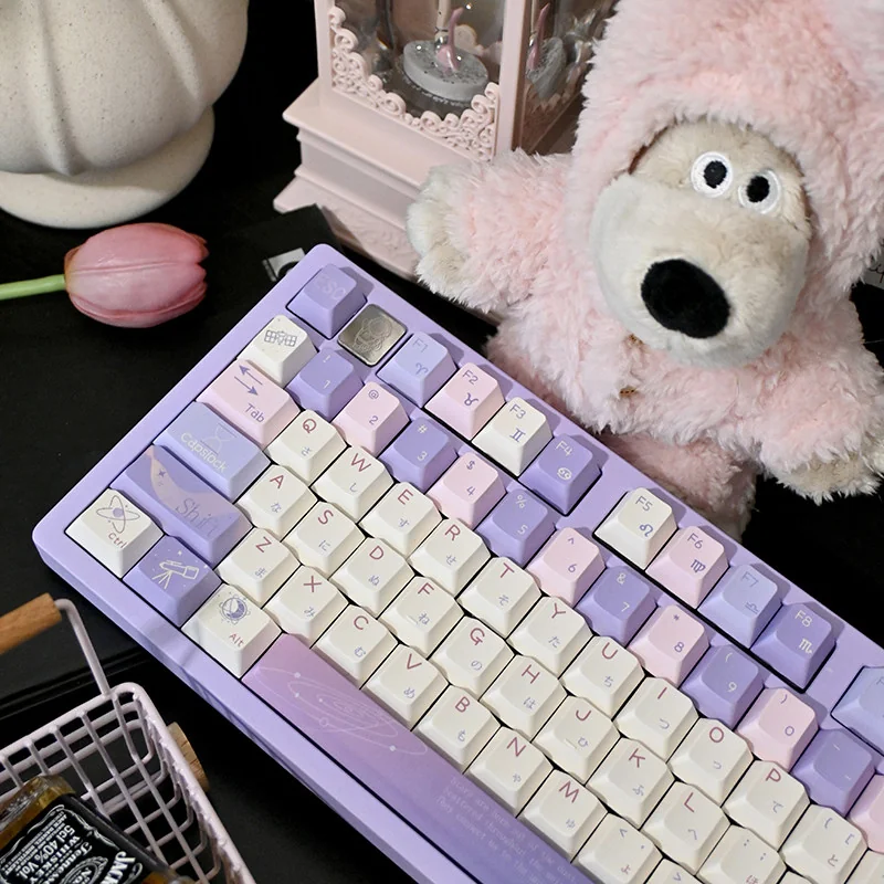 Close-up of Celestial Design keycaps with purple nebulae