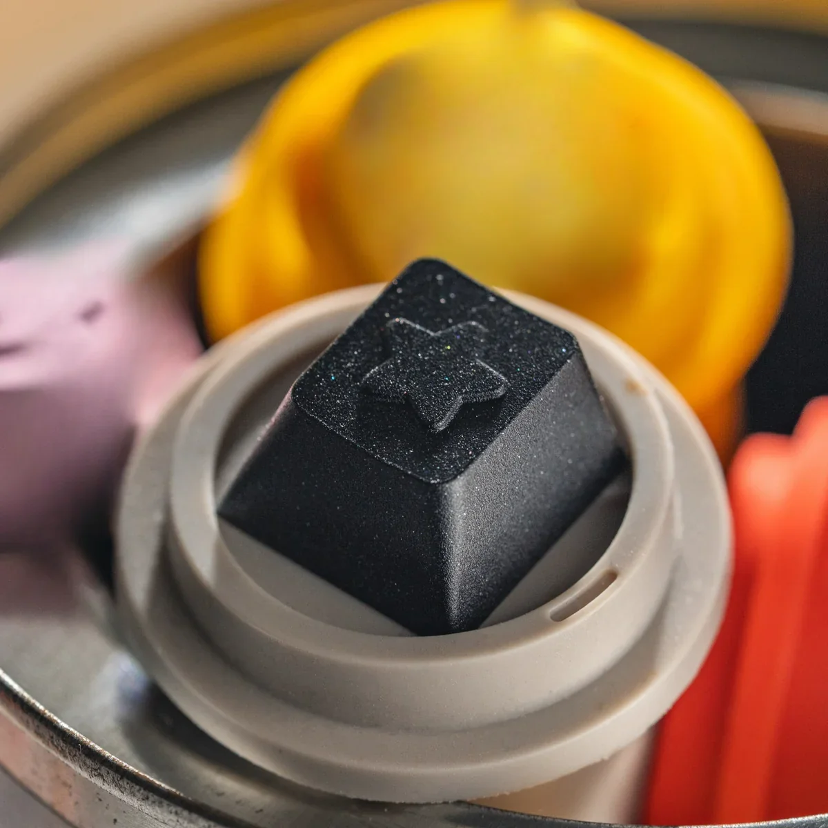 Starry Night Black Celestial Keycap placed next to standard keys for size and Cherry R4 profile comparison.