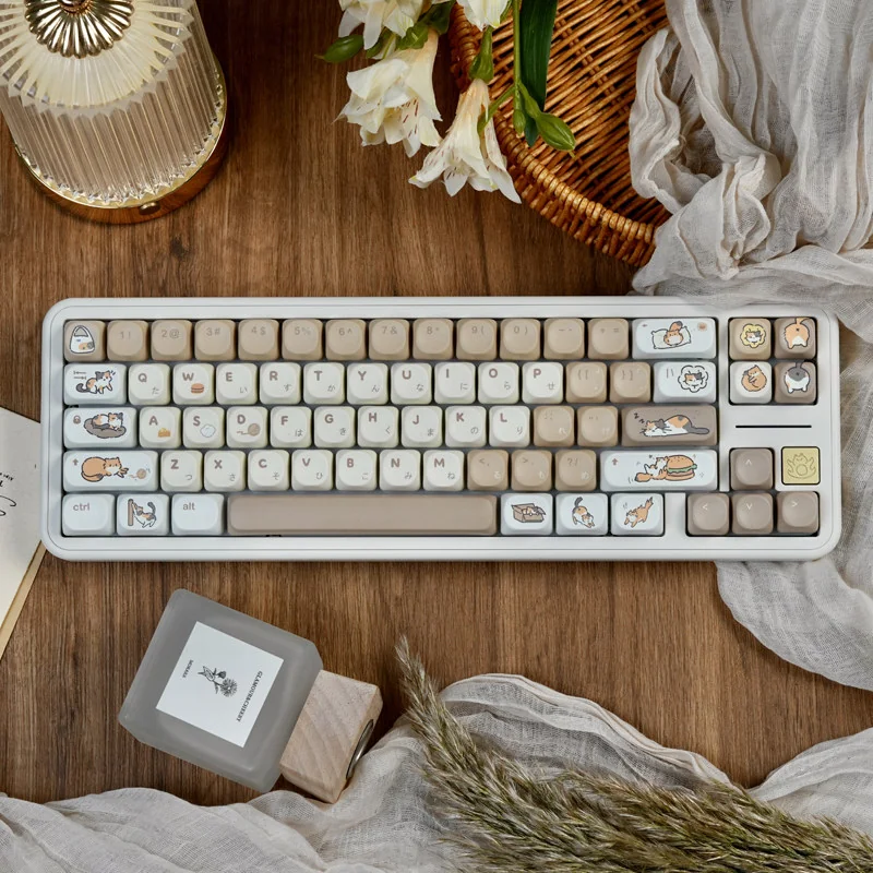 Cheeseburger Cat Keycap Set on mechanical keyboard, top-down view