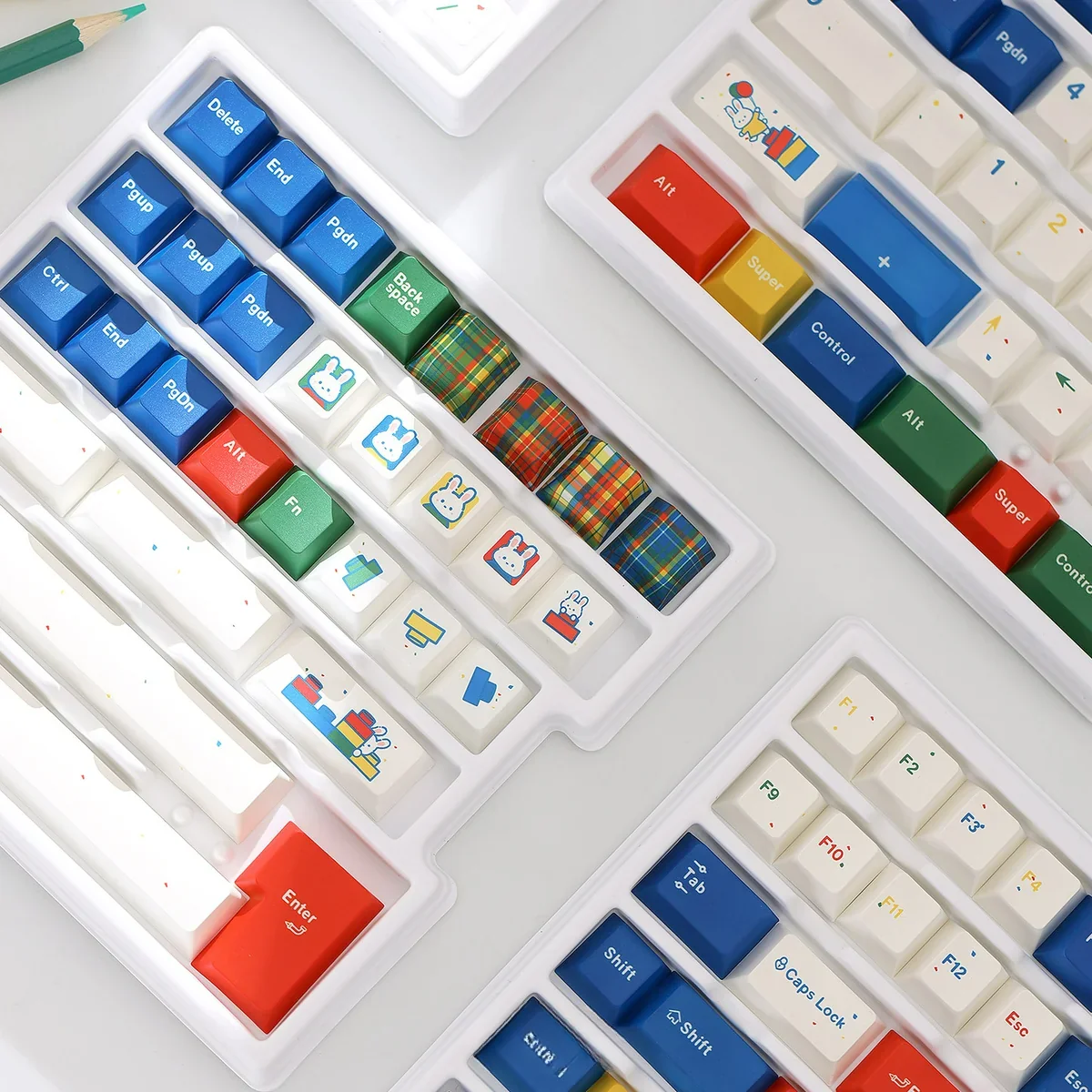 Side profile of Cherry profile keycaps from the Whimsical Rabbit set, demonstrating ergonomic design.