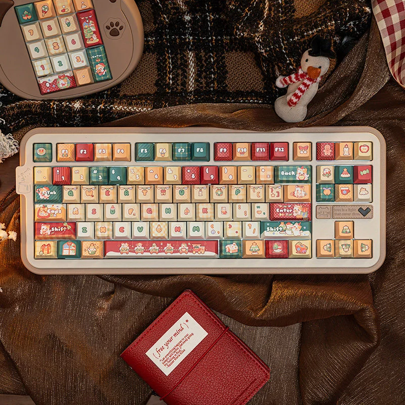 Christmas Cat PBT Keycap Set on a mechanical keyboard, showcasing festive designs