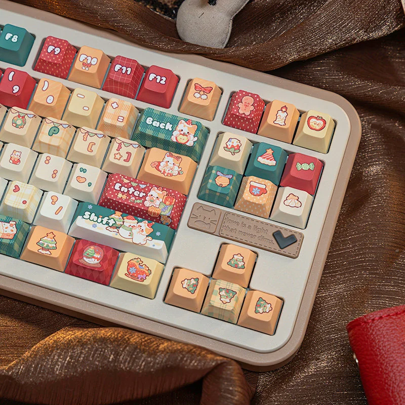 Close-up of Christmas cat keycaps, highlighting dye-sublimation details and Cherry profile