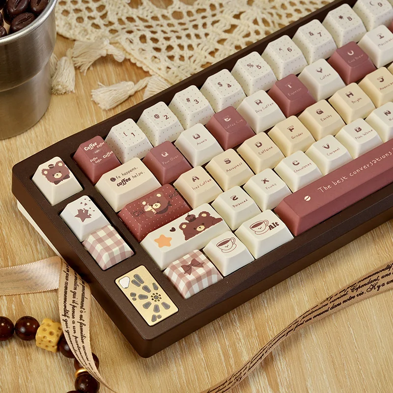 Close-up of Coffee Bear keycaps highlighting the detailed dye-sublimated artwork and PBT texture.
