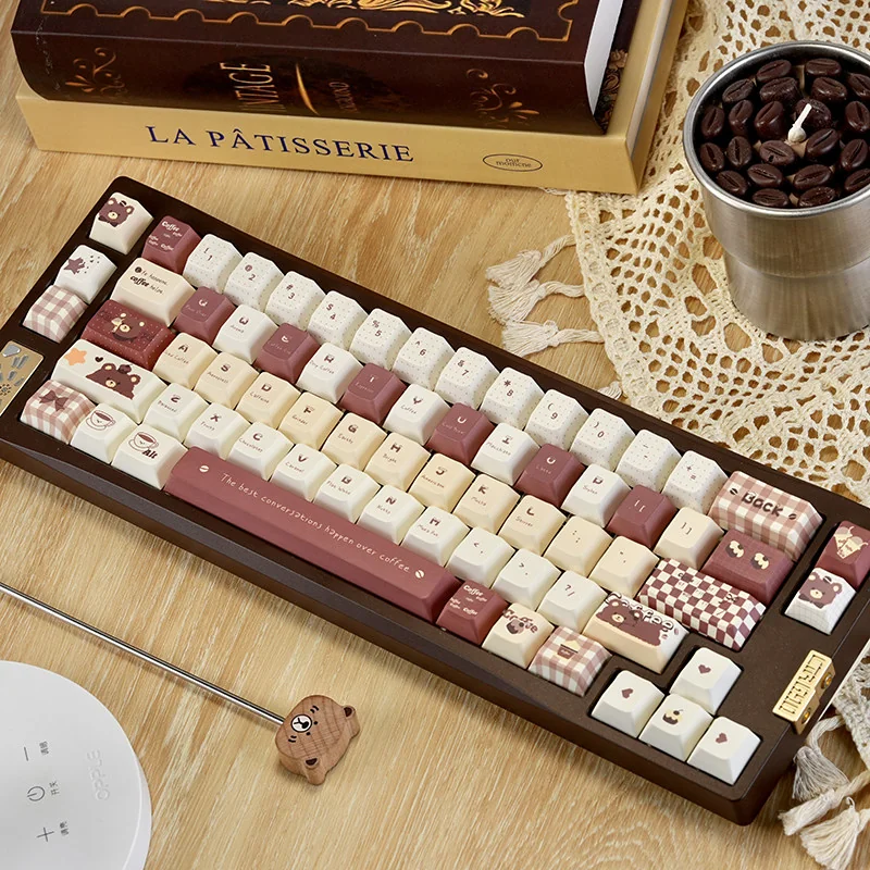 Coffee Bear PBT Dye-Sublimated Keycap Set on a mechanical keyboard, showcasing whimsical design.