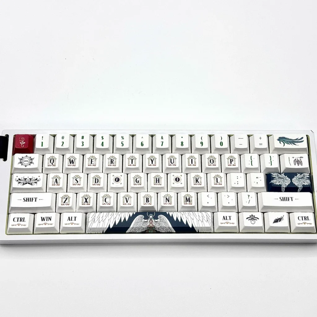 Divine Realm PBT Keycap Set with mythological designs on a mechanical keyboard.
