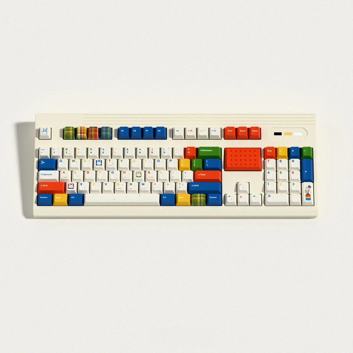 Dopamine PBT keycaps arranged to show layout compatibility, featuring various sizes and rabbit motifs.