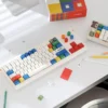 Dopamine Rabbit PBT Keycap Set on a white keyboard, showcasing whimsical rabbit designs and vibrant colors.
