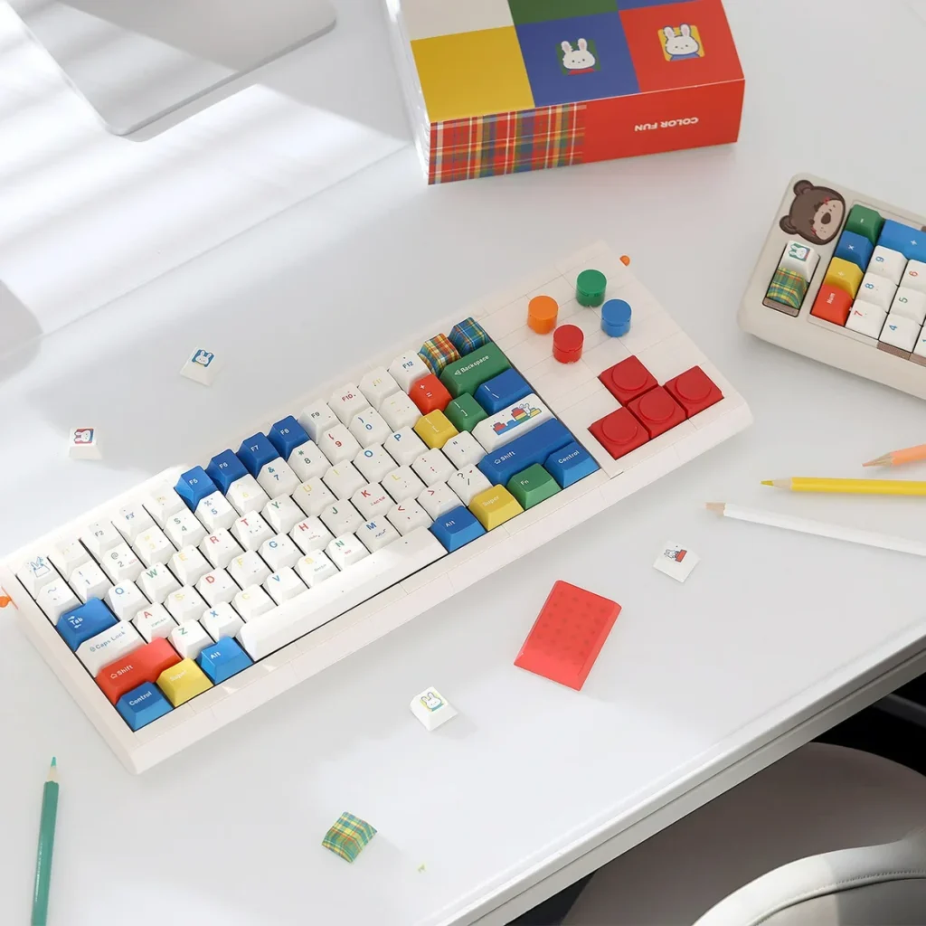 Dopamine Rabbit PBT Keycap Set on a white keyboard, showcasing whimsical rabbit designs and vibrant colors.