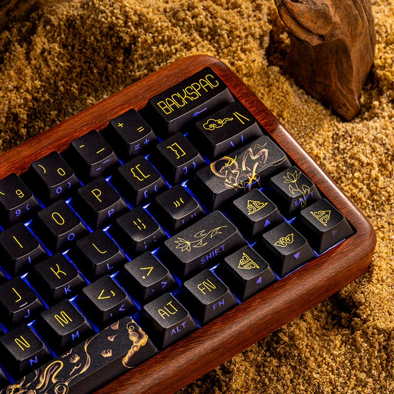 Side view of Dunhuang OEM profile keycaps, demonstrating ergonomic shape and side-printed legends.