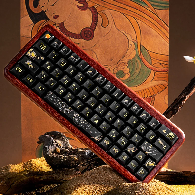 Full Dunhuang PBT Keycap Set on a mechanical keyboard, showcasing ancient Chinese art