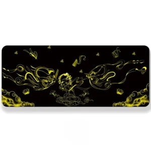 Dunhuang Silk Road Desk Mat with full layout on a mechanical keyboard, showcasing vibrant ancient Chinese art and motifs.