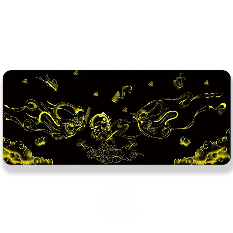 Dunhuang Silk Road Desk Mat with full layout on a mechanical keyboard, showcasing vibrant ancient Chinese art and motifs.