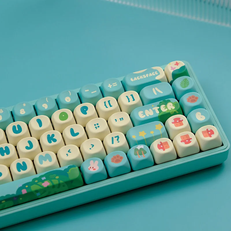 Close-up of Enchanted Forest keycap designs, vibrant PBT