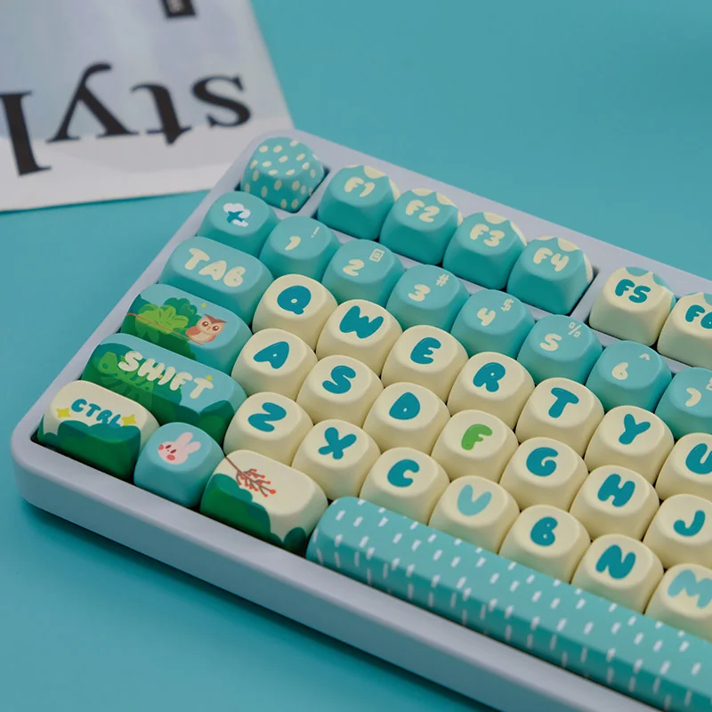 Typing hands interacting with Enchanted Forest themed keycaps