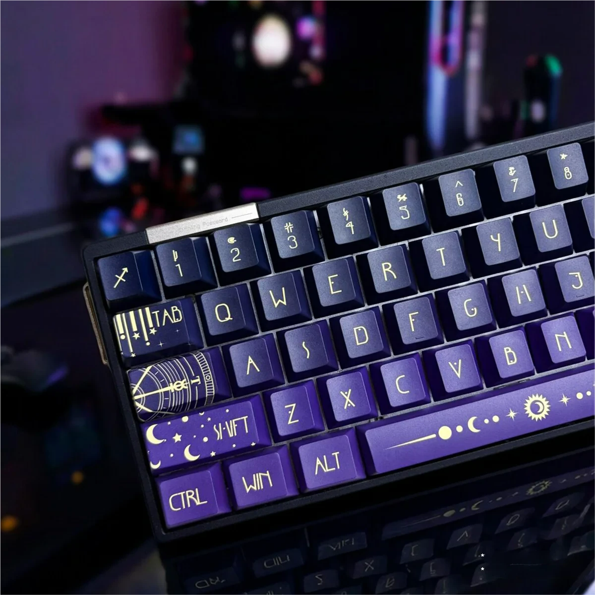 Angle view of Celestial Star Spectrum PBT Keycap Set on a mechanical keyboard in a dark setting