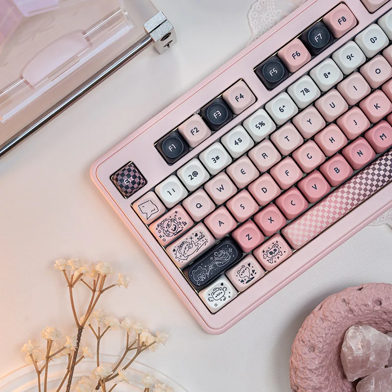Full 132-key layout of Line Art Pink Bear keycap set for custom keyboards