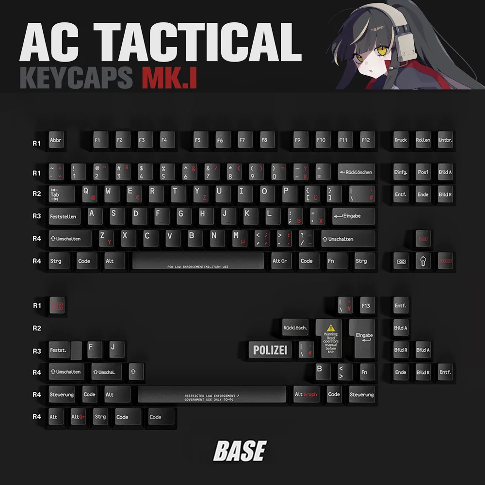 Tactical PBT Keycap Set arranged to show full compatibility for various keyboard layouts.