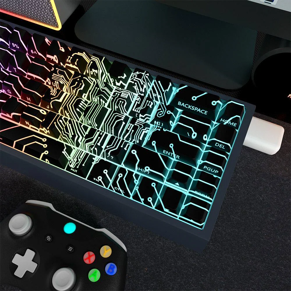 Futuristic keyboard setup featuring the glowing Microchip Keycap Set