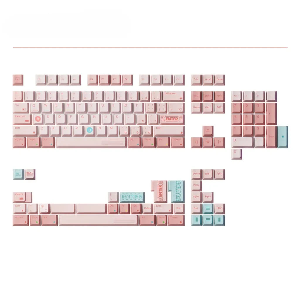 Game1989 Candy PBT Keycap Set on a mechanical keyboard, showcasing vibrant candy pink and retro arcade theme.