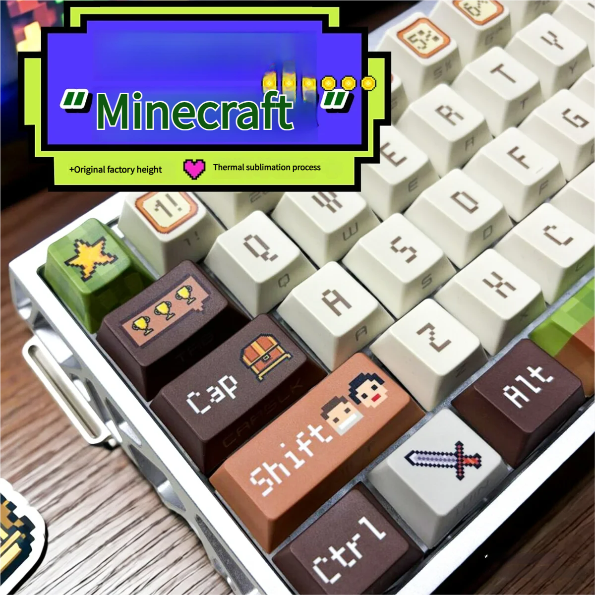 Gaming keyboard setup with Minecraft pixel art keycaps and ambient RGB backlighting