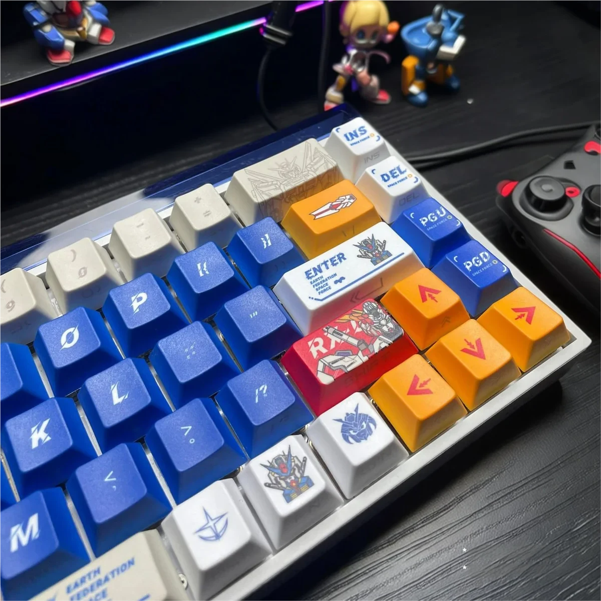 Gundam V2 keycaps illuminated by keyboard backlighting, demonstrating backlit compatibility.
