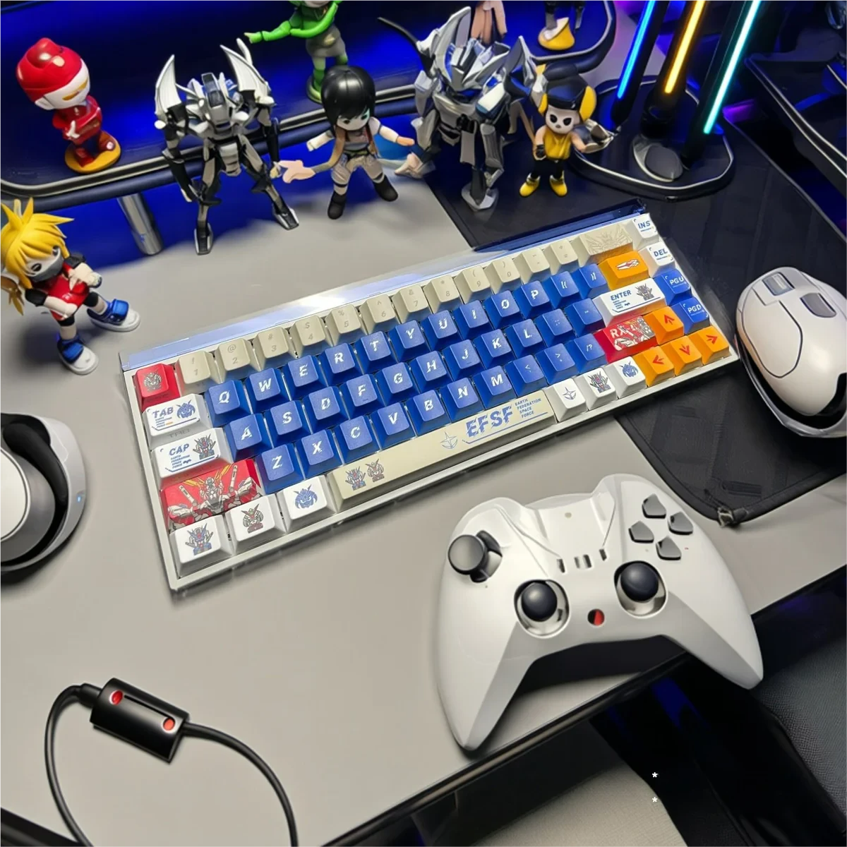 Side view of Gundam V2 Cherry profile keycaps, illustrating ergonomic sculpting.