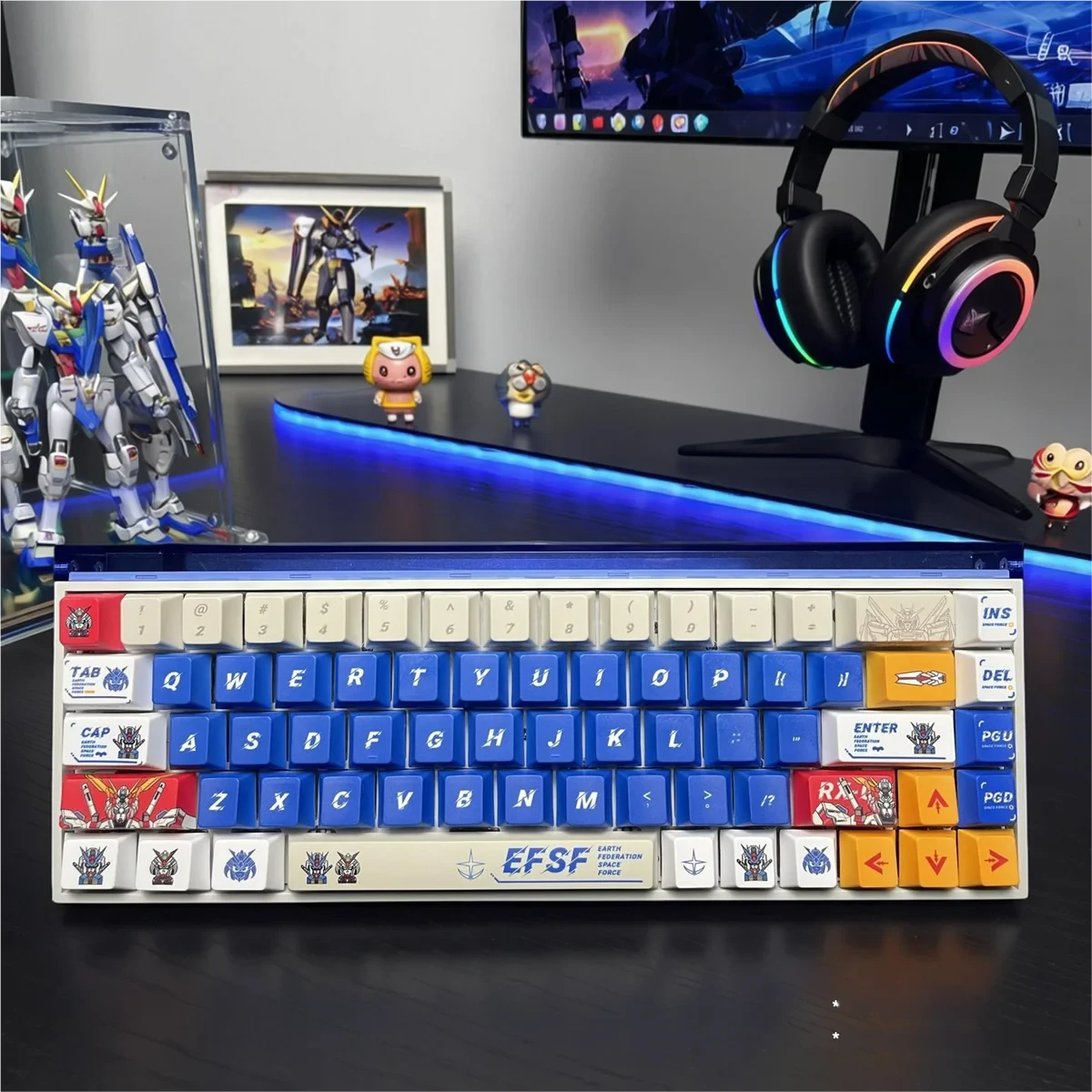Collection of various Gundam V2 themed keycaps, including novelty keys, from the PBT dye-sub set.