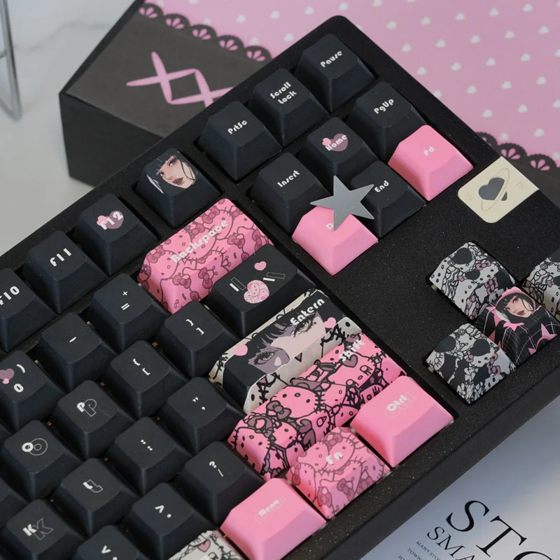 Full layout view of the 130-key Hello Kitty Black Pink keycap set