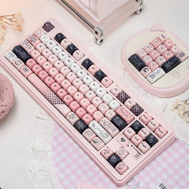 Close-up of Line Art Pink Bear PBT keycaps showing dye-sublimated bear design