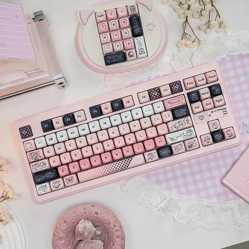Line Art Pink Bear MOA Keycap Set on a white mechanical keyboard