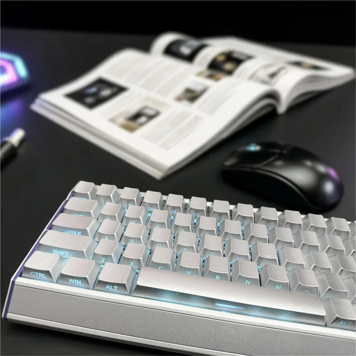 Side profile view of the Luminous Silver keycaps on a keyboard, demonstrating the ergonomic Cherry profile.