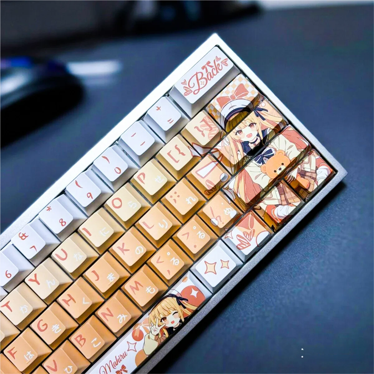 Close-up view of Mahiru Shiina character art on a PBT keycap, highlighting dye-sublimation quality