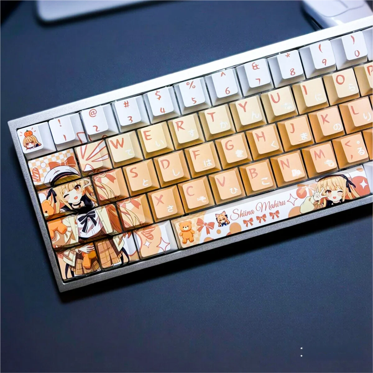 Mahiru Shiina keycaps installed on a mechanical keyboard with subtle RGB lighting
