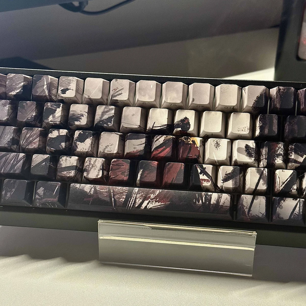 Close-up detail of a Man Jiang Hong keycap, showing the vibrant dye-sublimated calligraphy and PBT material.