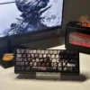Man Jiang Hong PBT Dye-Sub Keycap Set on a black mechanical keyboard, showcasing deep red hues and traditional Chinese calligraphy.