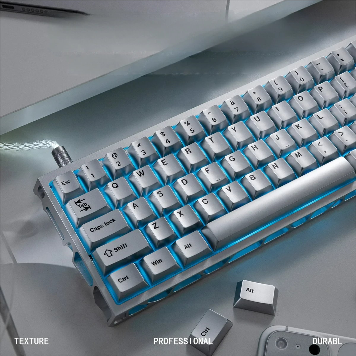 Angle view of the Metallic Silver Keycap Set, emphasizing Cherry profile ergonomics